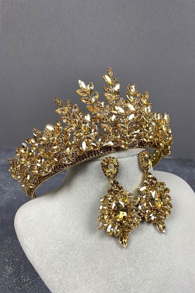 Hobigram Set de coroană de mireasă și cercei cu picătură de culoarea miere Sezen Model 3D Henna – Coroană, piatră de cristal – Coroană –