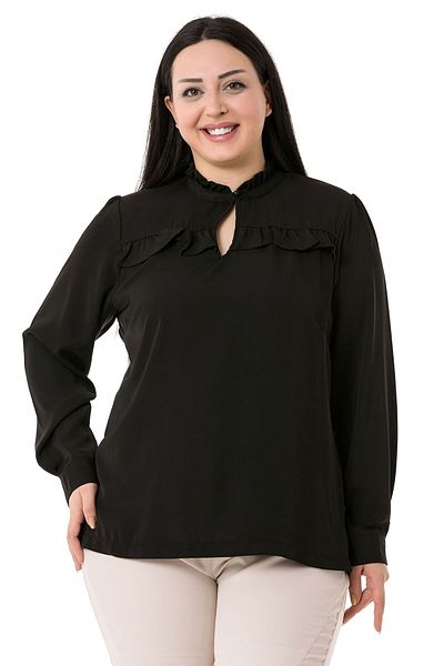 DISENTIS MODEST Μαύρη Μπλούζα Plus Size με Γιακά και λεπτομέρεια βολάν στο στήθος και στο πλάι