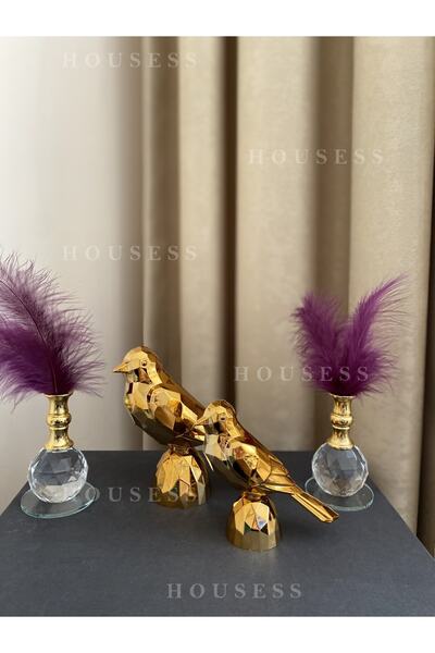 Housess 2'li Kuş Biblo Süs Polyester Döküm Ve 2'li Kristal Tüylük