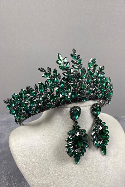 Bride Aksesuar Dünyası Πράσινο Σετ Μοντέλο 3D Νυφική Κορώνα και Σκουλαρίκια μ...