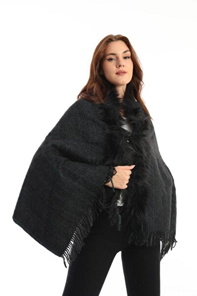 ARMİZA Guler de mango din blană artificială pentru femei, cu ciucuri, negru strălucitor, șal moale de iarnă cu umeri groși