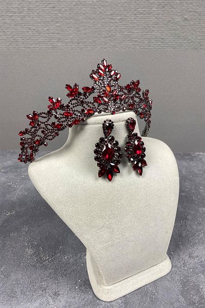 Hobigram Set de coroană de mireasă și cercei cu pietre triple Melissa Model Burgundy – Coroană, Crystal Stone, Model elegant – Coroană