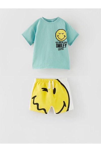 LADİN New Season Boy's Smile Printed Top and Bottom Shorts Set