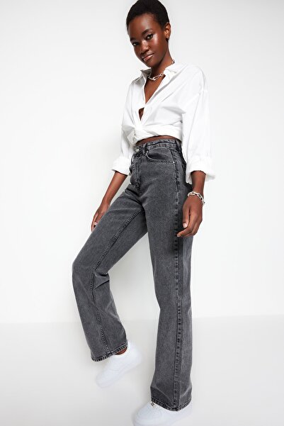 Trendyol Collection Antracitové džíny s vysokým pasem a širokými nohavicemi TWOSS23JE00068