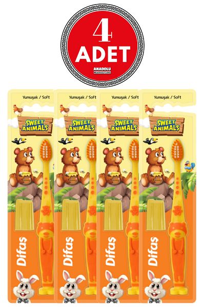 Difaş Soft Orange Sweet Animals Toothbrush - 4 Pieces
