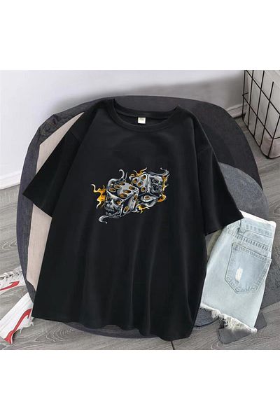Touz Μαύρο μπλουζάκι Unisex Oversize - My Vision Flaming Dice Skulls