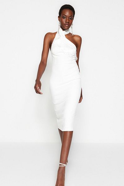 Trendyol Collection Ecru vypasované, podšité, tkané svatební/manželské elegantní společenské šaty TPRSS23EL00091