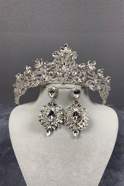 Hobigram Set de coroană de mireasă și cercei cu pietre prețioase Melissa Model Silver – Coroană, Crystal Stone, Model elegant – Coroană
