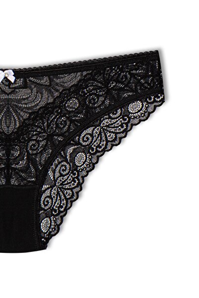 HNX Black Stone And Tulle Detailed Lace Slip Women's Panties