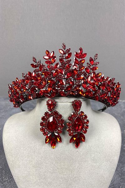 Hobigram Set de coroană de mireasă cu henna tridimensională și cercei cu trei pietre roșii Sezen Model – Coroană, cu pietre de cristal –