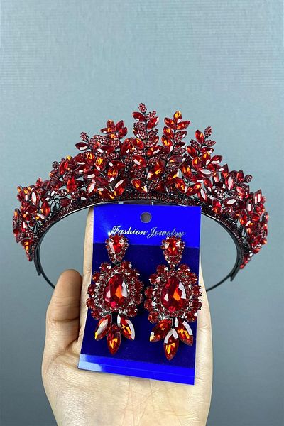 Hobigram Set de coroană de mireasă cu henna tridimensională și cercei cu trei pietre roșii Sezen Model – Coroană, cu pietre de cristal –
