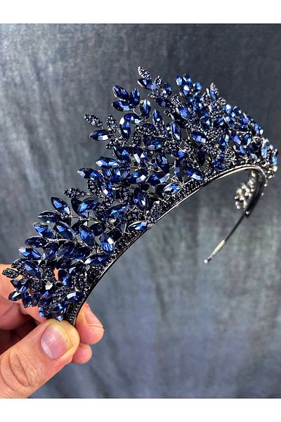 Hobigram Model Sezen bleumarin 3D Henna și Coroana de mireasă – Coroană, Piatră de cristal, Model elegant, Coroana de mireasă – Coroană
