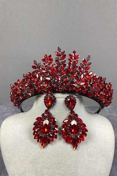 Hobigram Set de coroană de mireasă și cercei cu picătură roșu Sezen Model 3D Henna – Coroană, piatră de cristal, modă elegantă