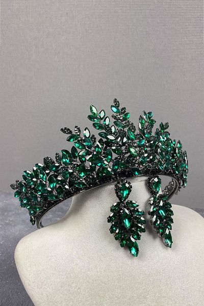 Hobigram Set de coroană de mireasă cu henna 3D și cercei subțiri Sezen verde – Coroană, piatră de cristal – Coroană