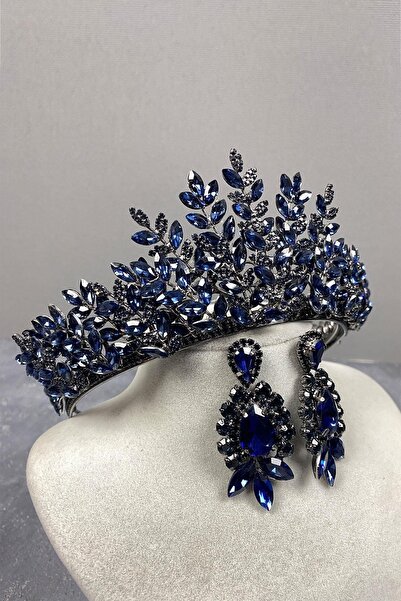 Bride Aksesuar Dünyası Set de coroană de mireasă și cercei cu trei pietre Sez...