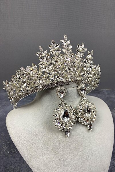 Bride Aksesuar Dünyası Set de coroană de mireasă și cercei cu pandantiv 3D di...