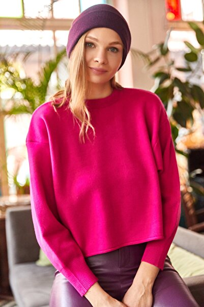 Olalook Kadın Fuşya Bisiklet Yaka Yarasa Crop Triko Kazak KZK-19000576