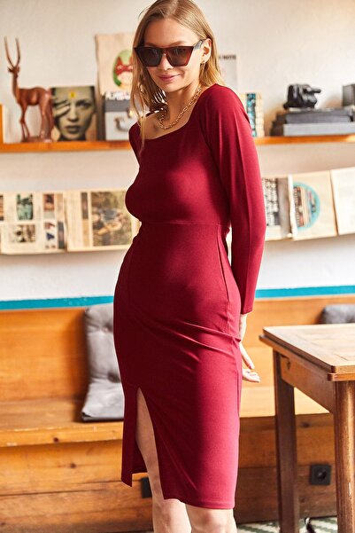 Olalook Women's Claret Red Square Collar Slit Midi Dress ELB-19001822