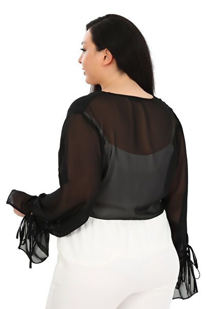 DISENTIS MODEST Plus Size Sleeve Detailed Tied Front Chiffon Black Bolero