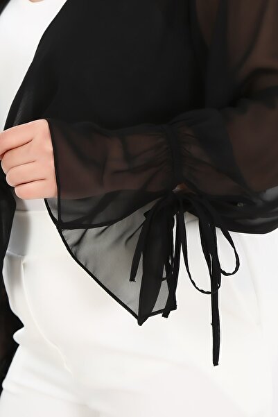 DISENTIS MODEST Plus Size Sleeve Detailed Tied Front Chiffon Black Bolero