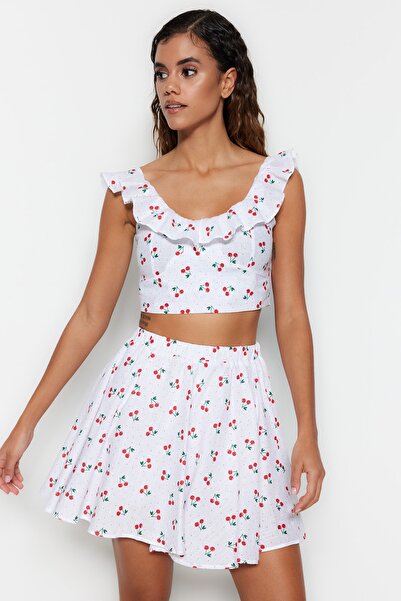 Trendyol Collection Set de plajă pentru bluză și fustă din bumbac cu volane cu imprimeu cu fructe - TBESS21AU0332