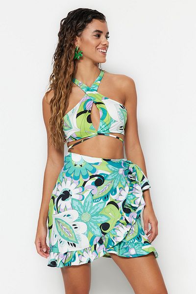 Trendyol Collection Virágmintás mini szőtt nyakkendős strandszoknya TBESS21ET0262