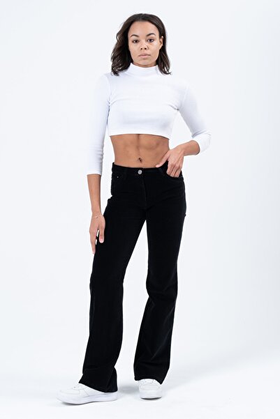 Barkaist Kadın Siyah Normal Bel Boru Paça Fitilli Kadife Pantolon