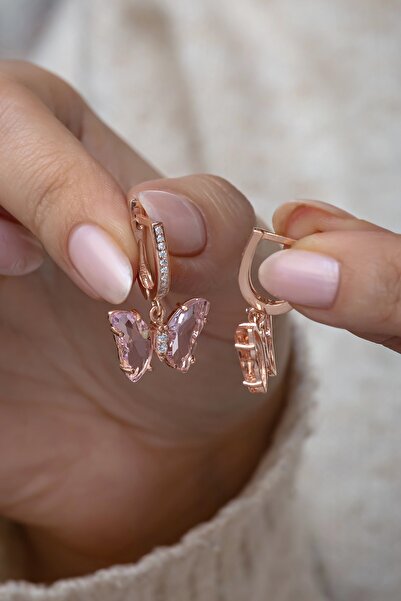 Nereze 925 Ayar Gümüş Pembe Taşlı Sallantılı Kelebek Küpe