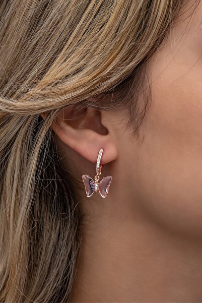 Nereze 925 Ayar Gümüş Pembe Taşlı Sallantılı Kelebek Küpe