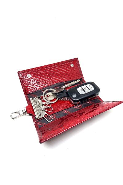 DERKON سلسلة مفاتيح من جلد التمساح الأحمر الطبيعي