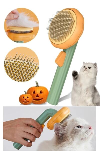 TİNEKE Honey Pumpkin Design Automatic Cleaning Push-Button Pet Brush Cat Dog Hairball Grooming Comb