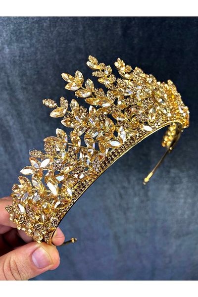 Hobigram Model Sezen de culoare miere 3D Henna și Coroana de mireasă – Coroană, Piatră de cristal, Model elegant, Coroana de mireasă – Coroană