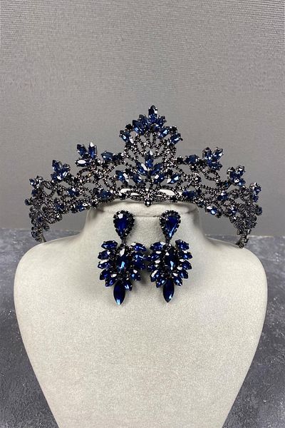 Hobigram Set de coroană de mireasă și cercei subțiri Melissa Model bleumarin – Coroană, piatră de cristal, model elegant – Coroană