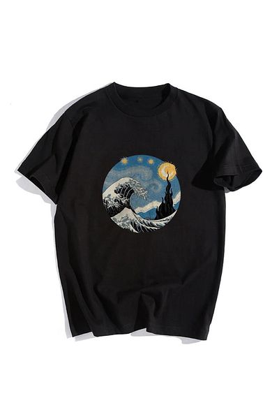 Touz Μπλουζάκι Satu Moda & Kanagawa Oki Nami Ura Μαύρο Unisex Oversize