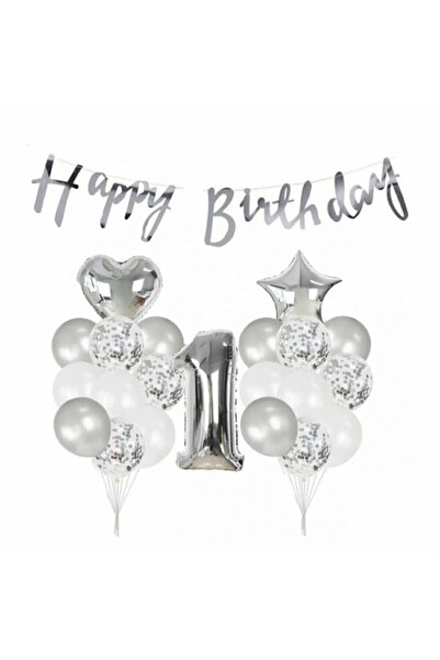 Bkmc 1 Yaş Metalik Gümüş Kaligrafi Happy Bırthday Yazılı Gümüş Konfetili Balon Seti
