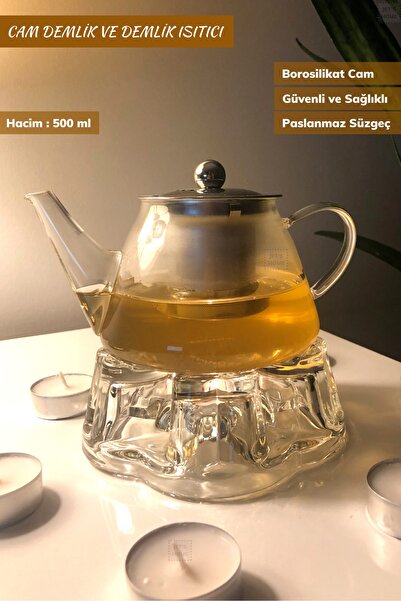 Jet's Home 2’li Set Cam Demlik Ve Cam Isıtıcı Süzgeçli Demlik 500 ml Bitki Ça...