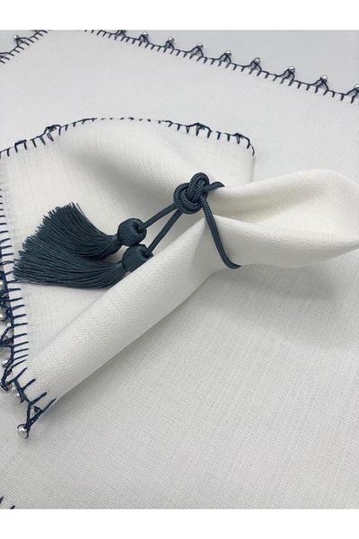 KATMERTEKS 8 Pieces Petrol Blue Napkin Ring with Tassel Tie Model