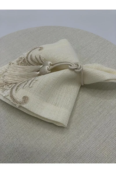 KATMERTEKS 10 Pieces Cream Napkin Ring with Tassel Tie Model