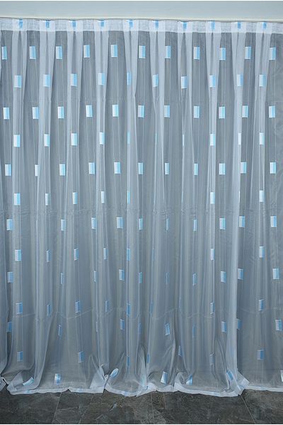 AKÇA TEKSTİL Half Organza Checkered Blue Model White Color Single Wing Ready Planted Pleated Background Curtain 300*260 Cm