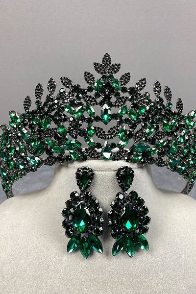 Hobigram Set de coroană de mireasă cu model de frunze Sena verde și cercei cu trei navete – Coroană, piatră de cristal, model elegant