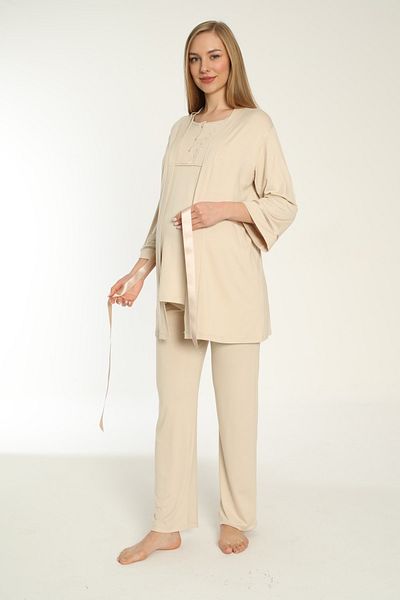 Miss Dünya Lissa Beige Breastfeeding Maternity and Pregnant Pajamas Set with Dressing Gown