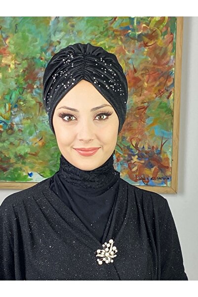 BUTİKAMBAR Sultan Model Siyah Simli Büzgülü Dış Bone