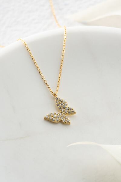 Nereze 925 Ayar Gümüş Gold Zirkon Taşlı Minik Kelebek Kolye Klasik