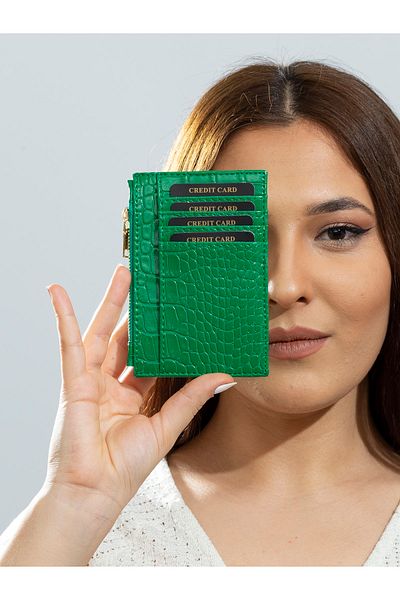 The Noir Leather Green Women's Card Holder Wallet with Paris Zipper