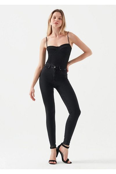 Trn JNS Pantaloni de blugi negri cu talie înaltă pentru femei Victoria Acaip Blugi negri colorfast (de colecție)