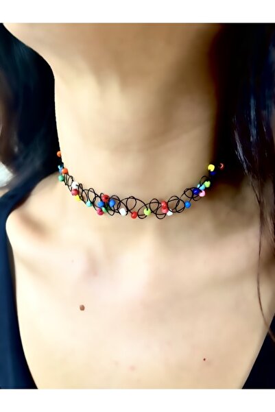 MAZEN Siyah Choker Tasma Tatto Kolye Renkli Boncuklu