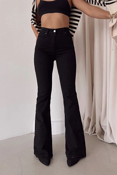 Trn JNS Alissa Gold Blugi negri evazați Pantaloni evazați din denim cu talie înaltă largi (foarte confortabili)