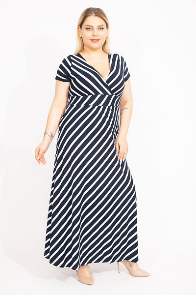 Şans Women's Large Size Navy Blue Wrap Collar Bias Striped Dress 65n35533