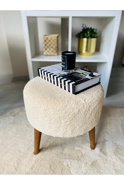 WEBPANYA Gürgen Ahşap Ayak Krem Teddy Kumaş Pofidik Puf