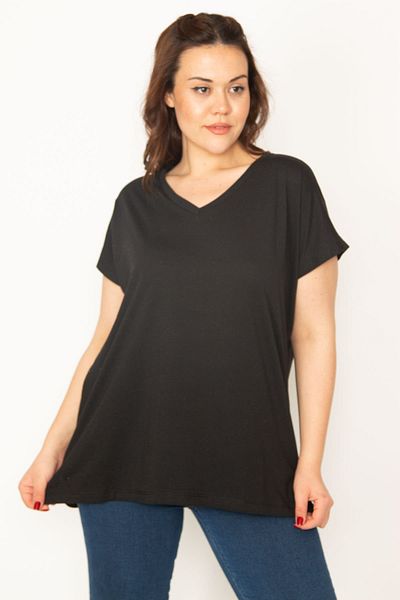 Şans Women's Large Size Black V-neck Basic Blouse with Side Slits 65n35506